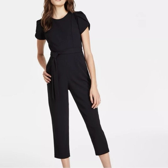 Calvin Klein Black Tulip Sleeve Belt Stretch Wide Leg‎ Crop Jumpsuit Size 2 - Picture 1 of 14